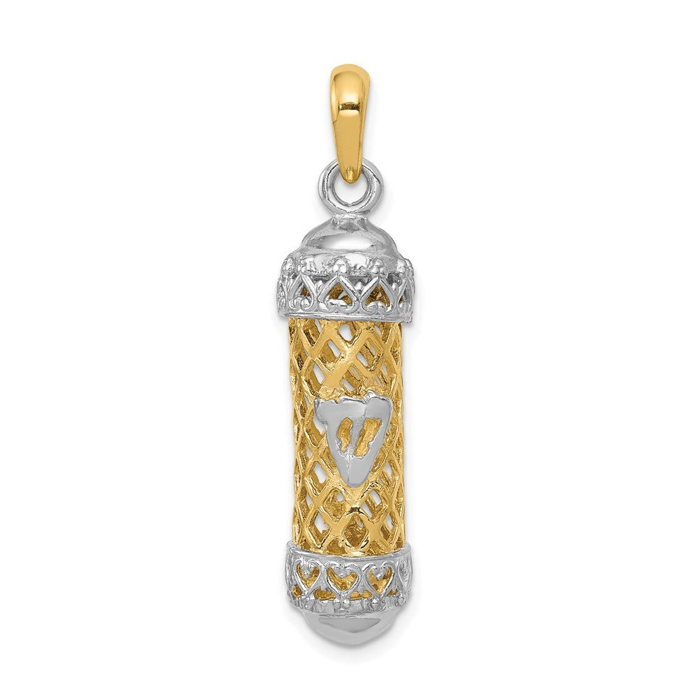 14K Two-Tone Gold 3D Mezuzah W Shin Charm