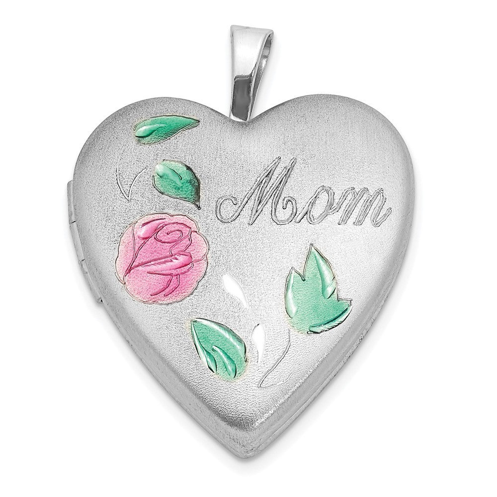 Sterling Silver Rhodium-plated Enameled Flower w Mom 20mm Heart Locket