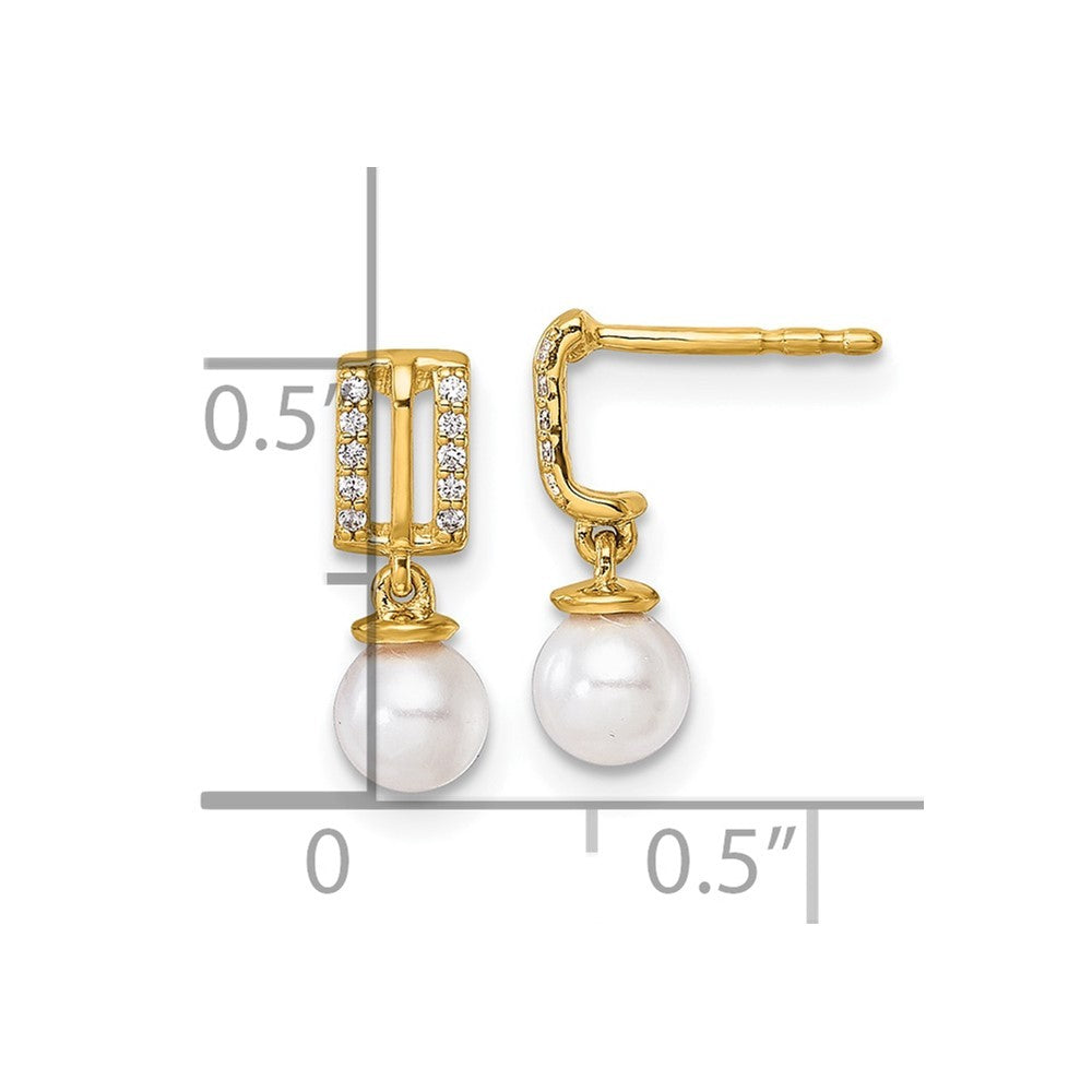 14k Yellow Gold Polished Diamond and Pearl Dangle Earrings