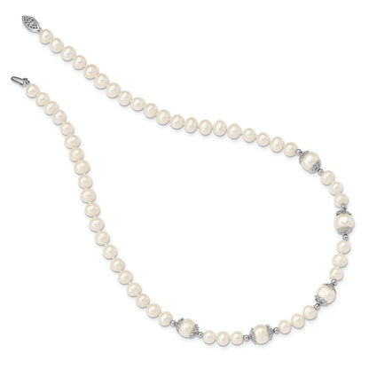 Sterling Silver Rhodium-plated 6-9mm White Cultured Pearl 5-station Necklace 18"