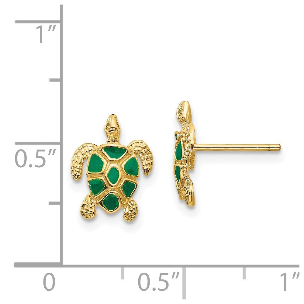 14k Yellow Gold Green Enameled Sea Turtle Stud Earrings