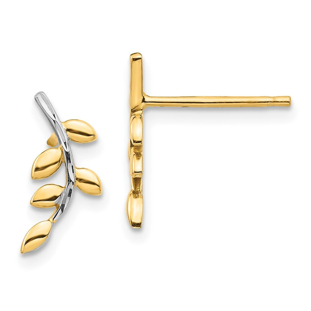 14k Yellow Gold & White Rhodium Leaves Stud Earrings Gift for Women