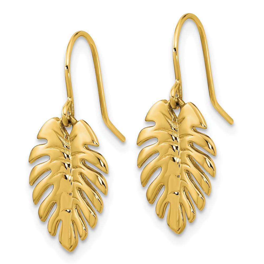 14k Yellow Gold Polished Palm Leaf Drop Dangle Earrings w/ Shepherd Hook