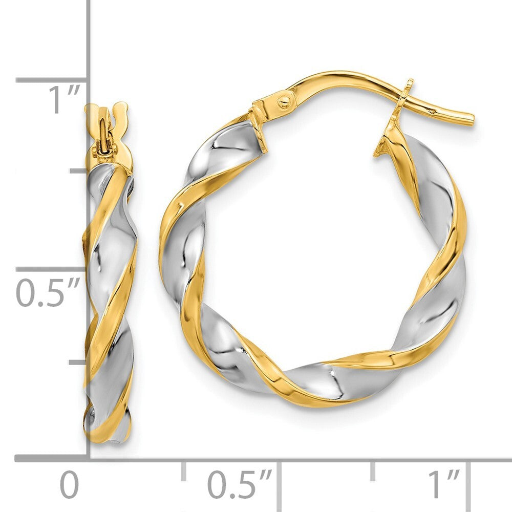 14k Yellow Gold & White Rhodium Polished & Twist Hoop Earrings Gift for Women
