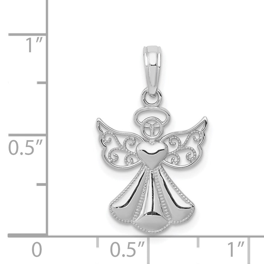 14k White Gold Polished/Textured Guardian Angel Heart Pendant for Women