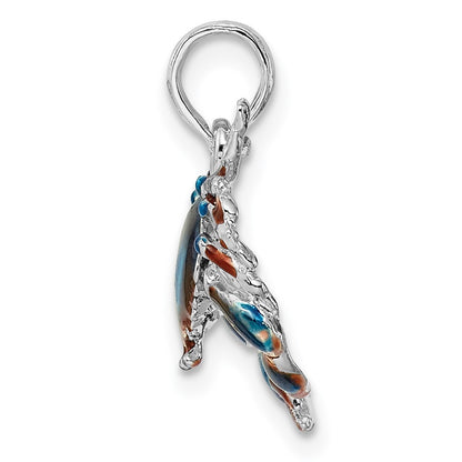 Sterling Silver Rhodium-Plated Polished Enameled Blue Stone Crab Pendant