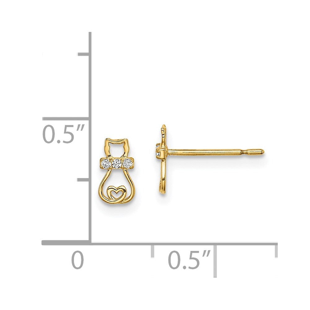 14k Yellow Gold Cubic Zirconia Cat with Heart Tail Stud Earrings Gift for Women