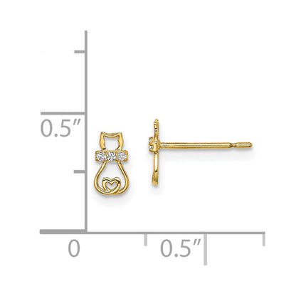 14k Yellow Gold Cubic Zirconia Cat with Heart Tail Stud Earrings Gift for Women