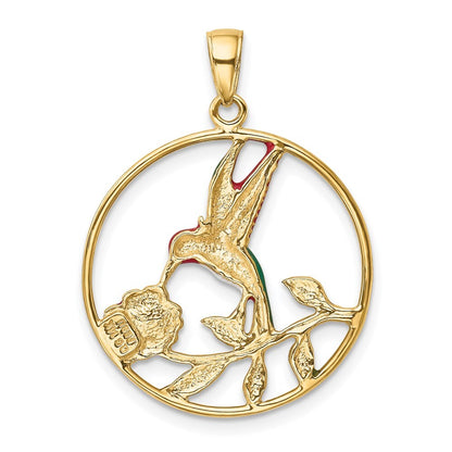 14k Yellow Gold Enameled Hummingbird and Flower in Circle Pendant