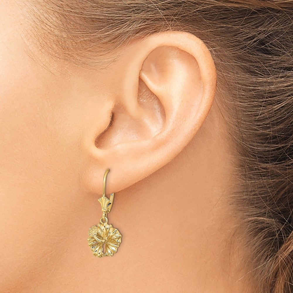 14k Yellow Gold 2-D Textured Hibiscus Flower Drop Dangle Earrings
