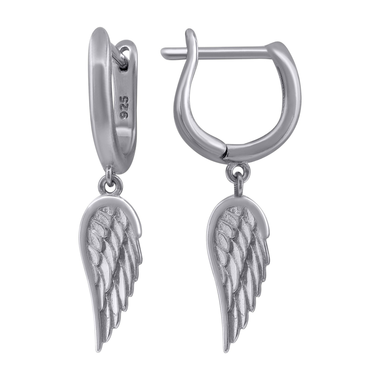 925 Sterling Silver Angel Wing Religious Dangle Hoop Earrings