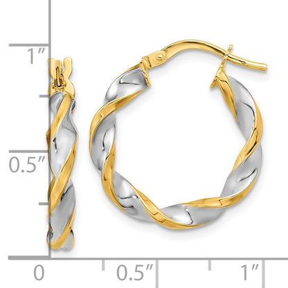 14k Yellow Gold & White Rhodium Polished & Twist Hoop Earrings