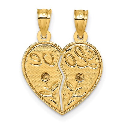 14k Two-tone Gold Break Apart Heart With Love And Roses Pendant