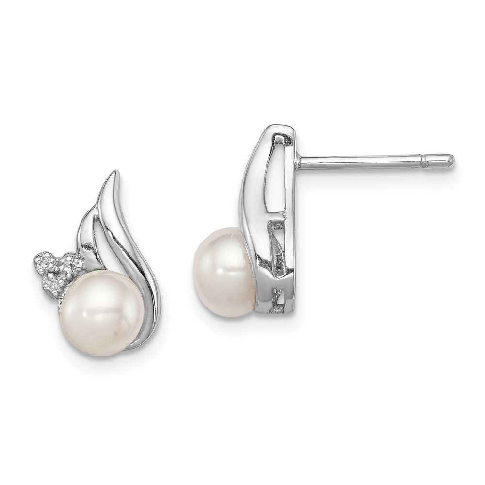 Sterling Silver Rhodium 6mm FW Cultured Pearl & Diamond Ear