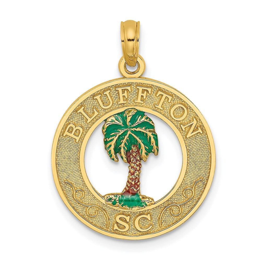 14k Yellow Gold BLUFFTON SC Circle Enameled Palm Tree Charm Pendant for Women