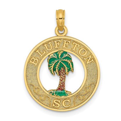 14k Yellow Gold BLUFFTON SC Circle Enameled Palm Tree Charm Pendant for Women