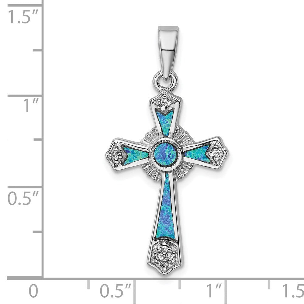 Sterling Silver Rhodium-plated Cubic Zirconia / Created Opal Cross Pendant
