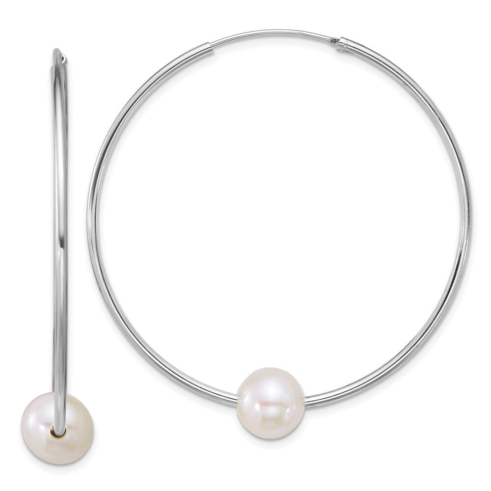 Sterling Silver 8-9mm White Semi-Round Freshwater Cultured Pearl Hoop Earrings