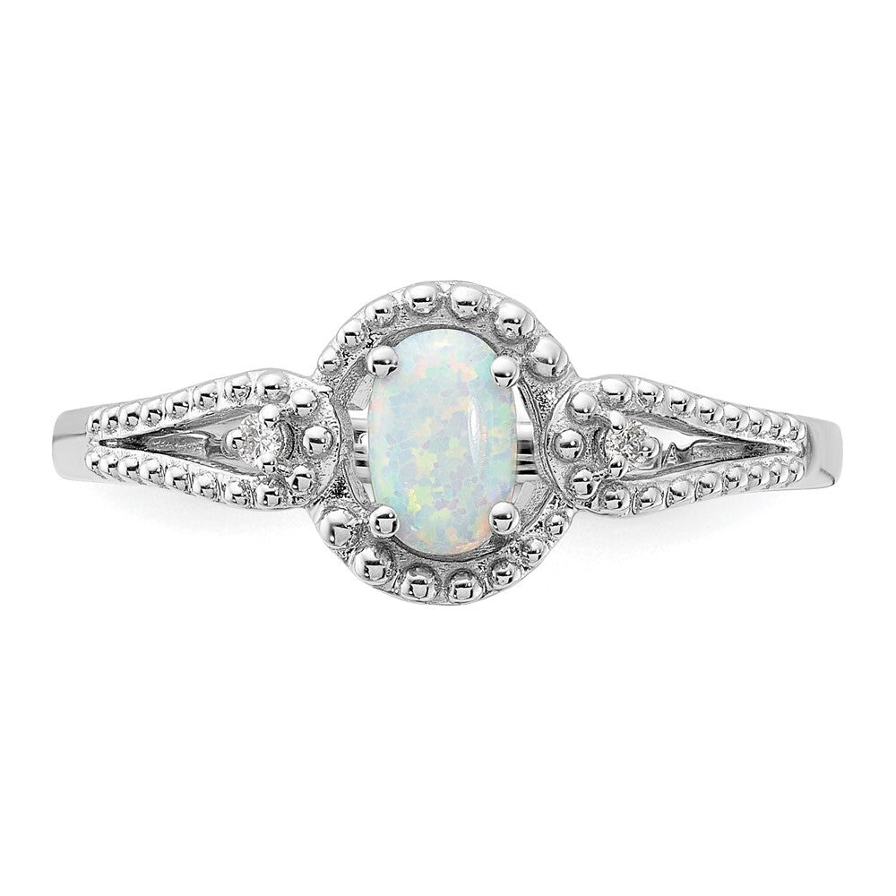 Sterling Silver Rhodium-plated Created Opal & Diamond Ring