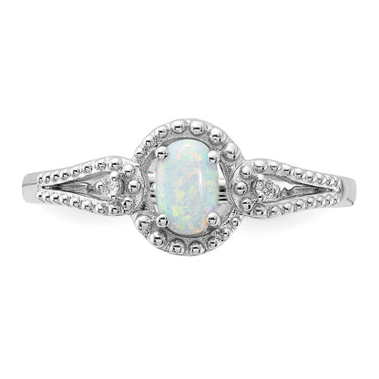 Sterling Silver Rhodium-plated Created Opal & Diamond Ring