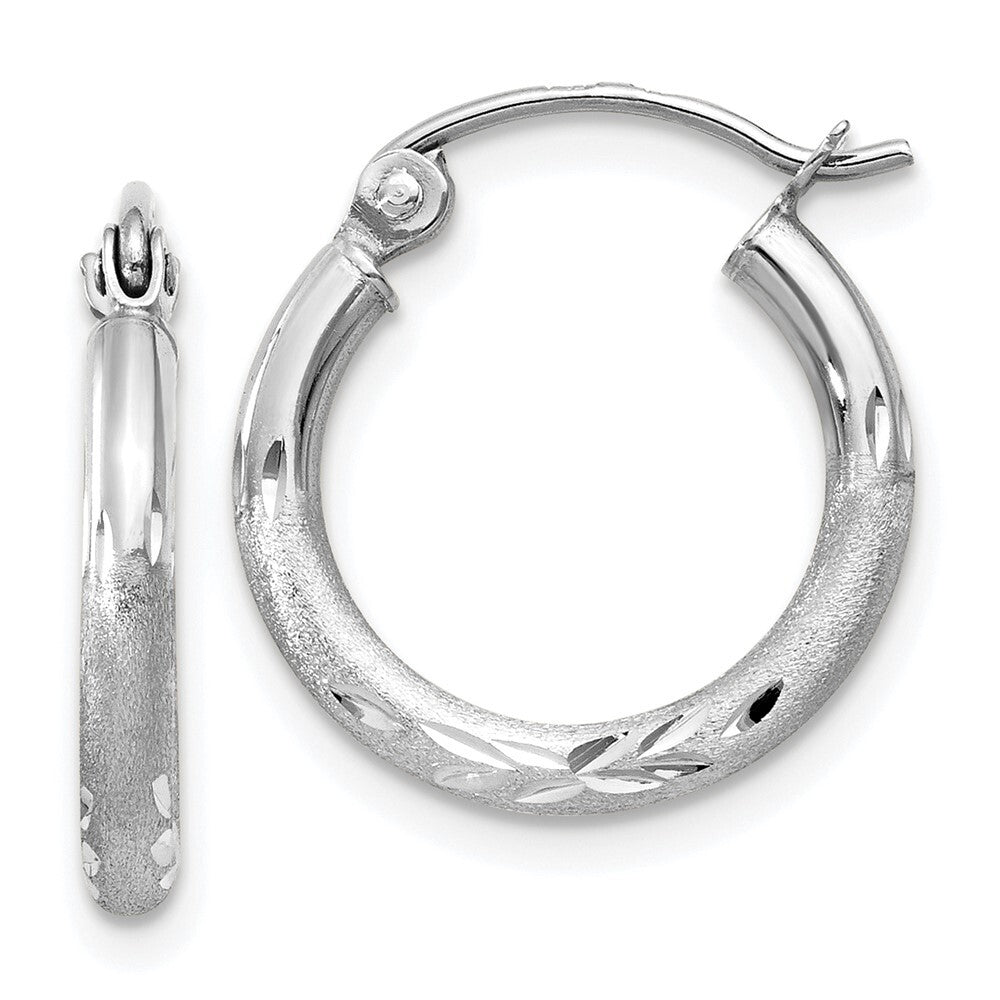 14k White Gold Satin and Diamond-cut 2mm Round Hoop Earrings Gift for Women