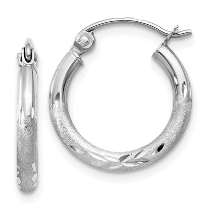 14k White Gold Satin and Diamond-cut 2mm Round Hoop Earrings Gift for Women