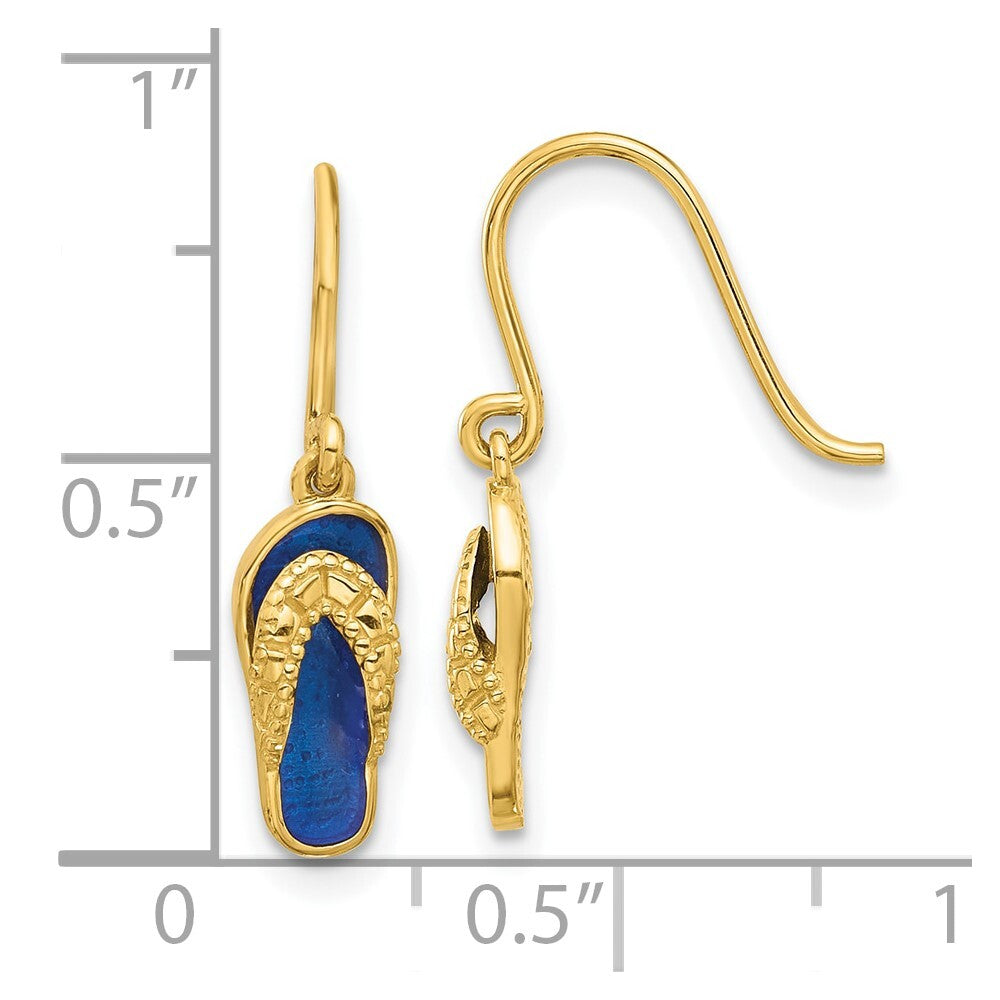 14k Yellow Gold Polished Blue Enameled Flip Flop Shepherd Hook Dangle Earrings