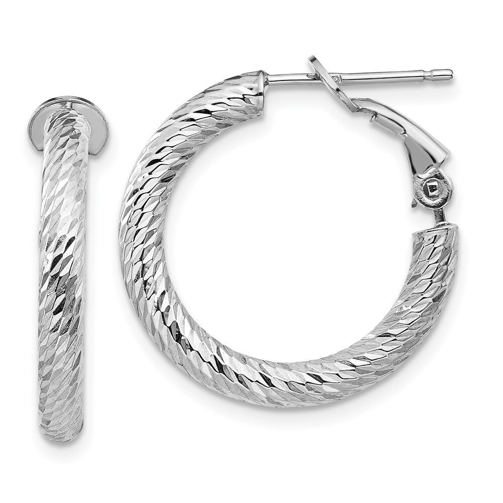 14k White Gold Diamond-cut Round Omega Back Hoop Earrings Gift for Women