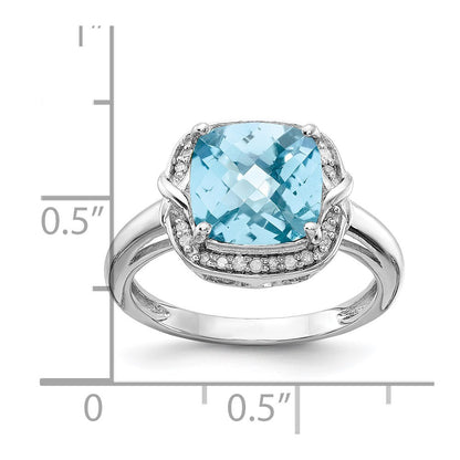 Sterling Silver Rhodium Diamond & Checker-Cut Sky Blue Topaz Ring Size 7