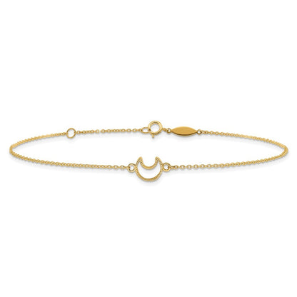 14k Yellow Gold Textured and Polished Crescent Moon 10" Anklet