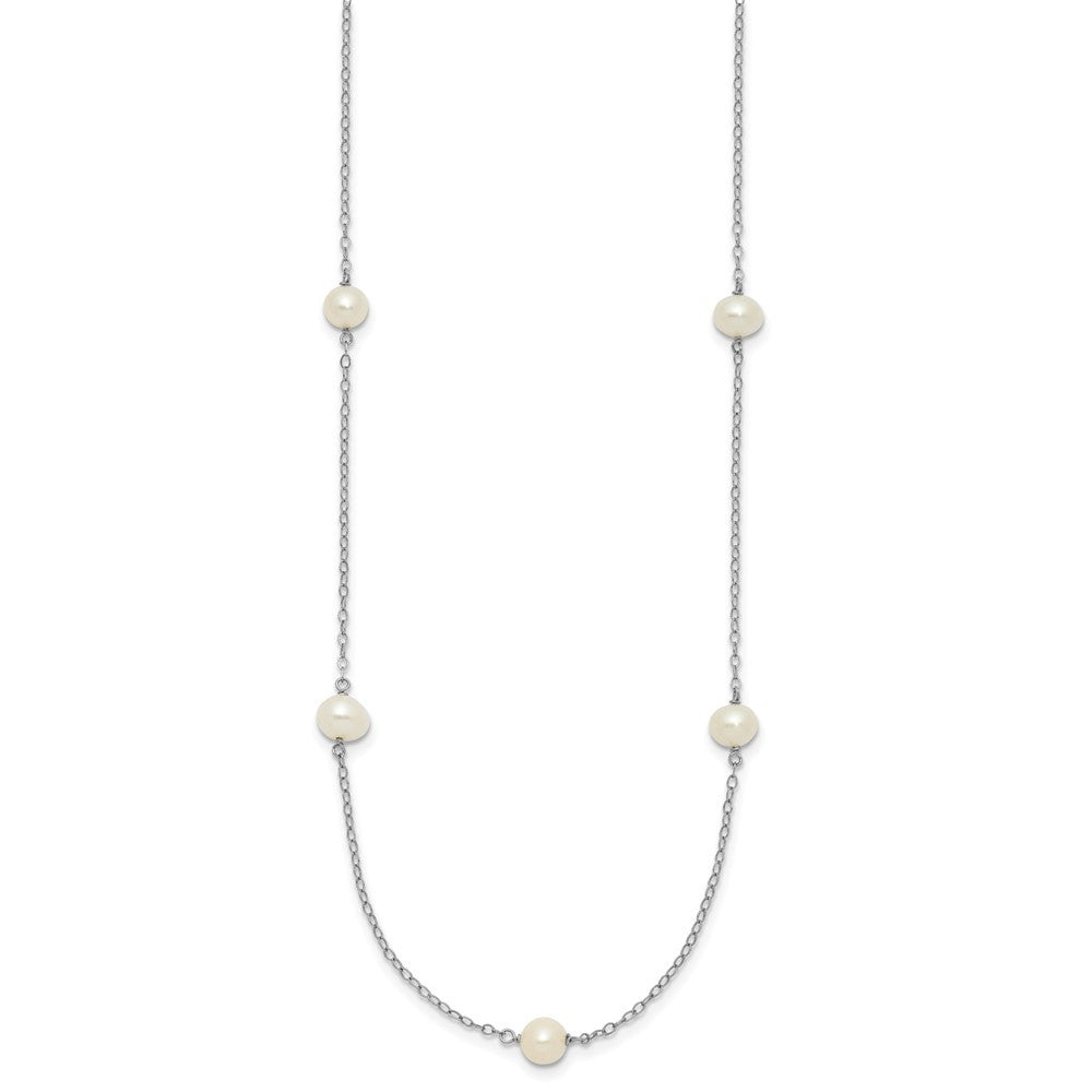 14k White Gold 5-6mm White Round Cultured Pearl 7-Station Necklace 16"