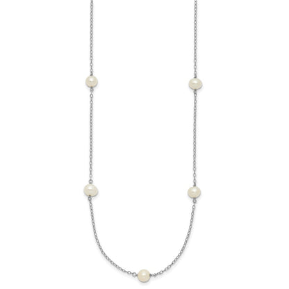 14k White Gold 5-6mm White Round Cultured Pearl 7-Station Necklace 16"