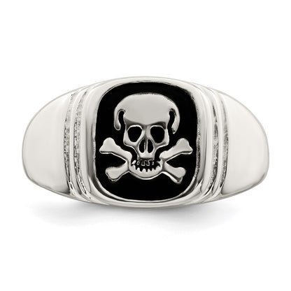 Sterling Silver Black Enameled Mens Skull and Crossbones Ring Size 10
