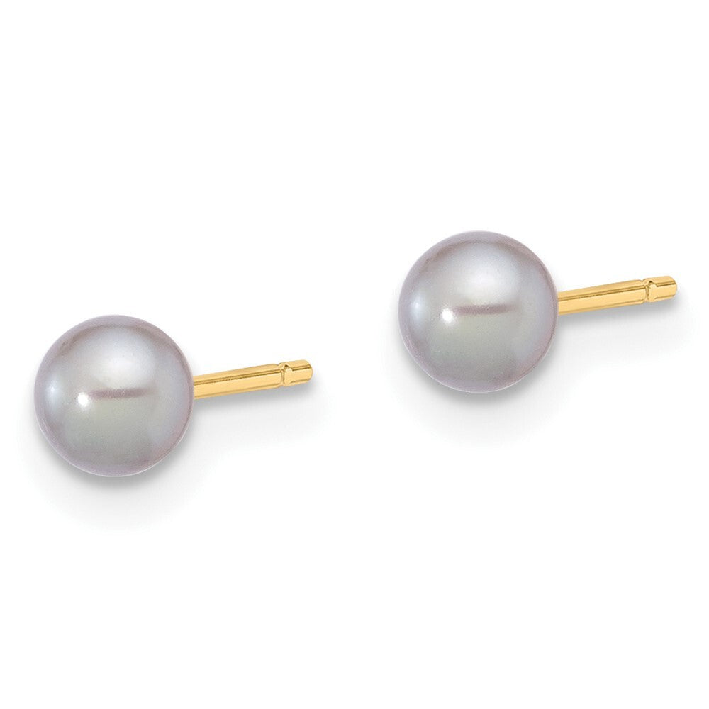 14k Yellow Gold 4-5mm Grey Round Freshwater Cultured Pearl Stud Earrings