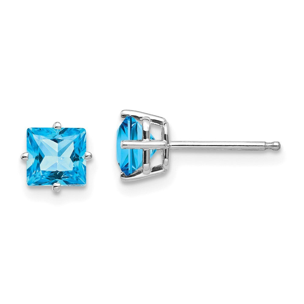 14k White Gold 5mm Princess Cut Blue Topaz Stud Earrings Gift for Women