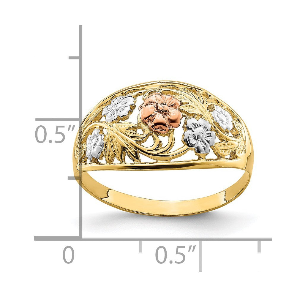 14k Tri- Color Gold White Rhodium Floral Dome Ring