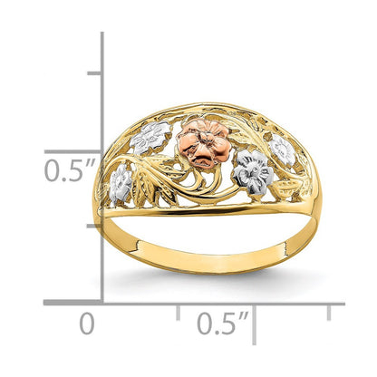 14k Tri- Color Gold White Rhodium Floral Dome Ring