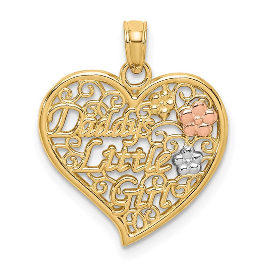 14k Two-tone Gold  White Rhdoium DADDYS LITTLE GIRL Filigree Heart Charm Pendant