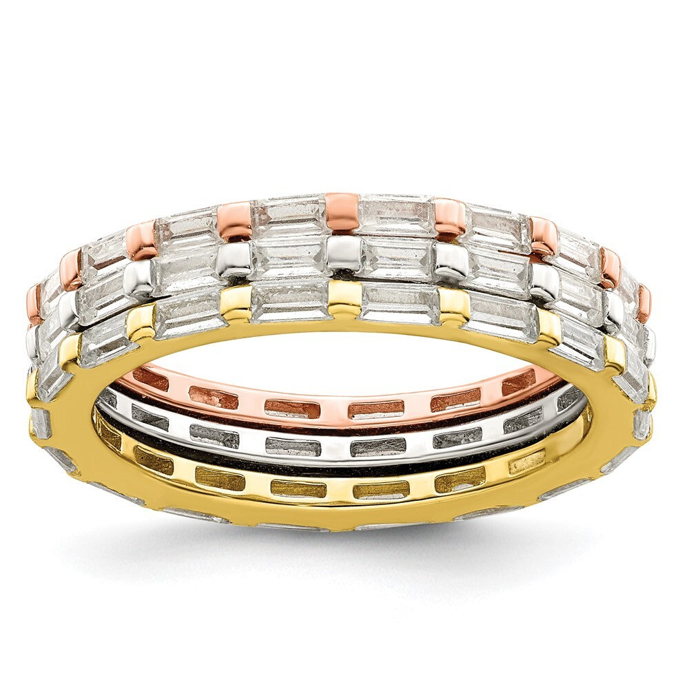 Sterling Silver Rose & Gold-tone Baguette CZ Eternity 3 Band Set Size 7