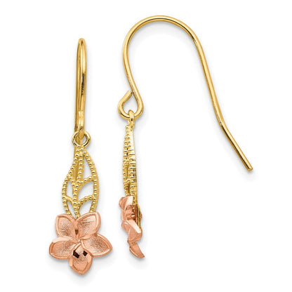 14K Two-tone Fancy Plumeria Dangle Earrings