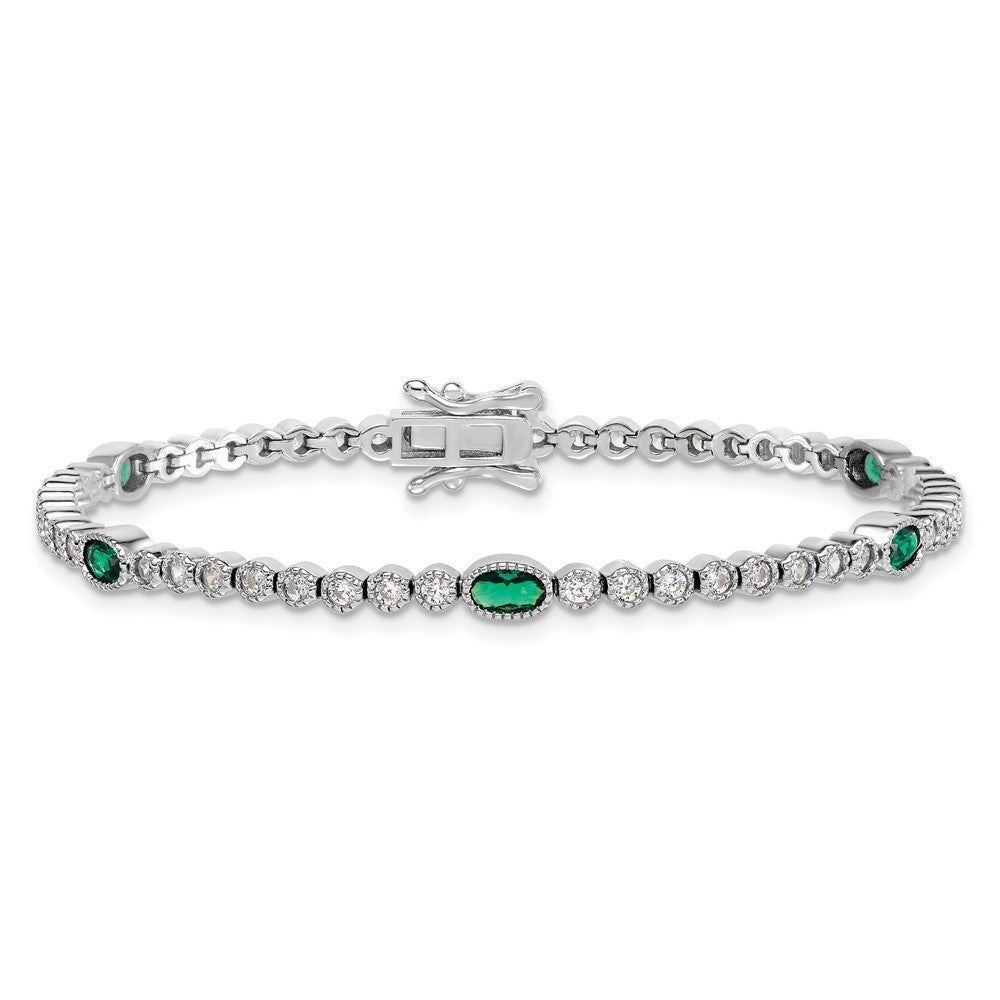 Sterling Silver and Beaded Fancy Oval Green and Round White CZ 7" Bracelet