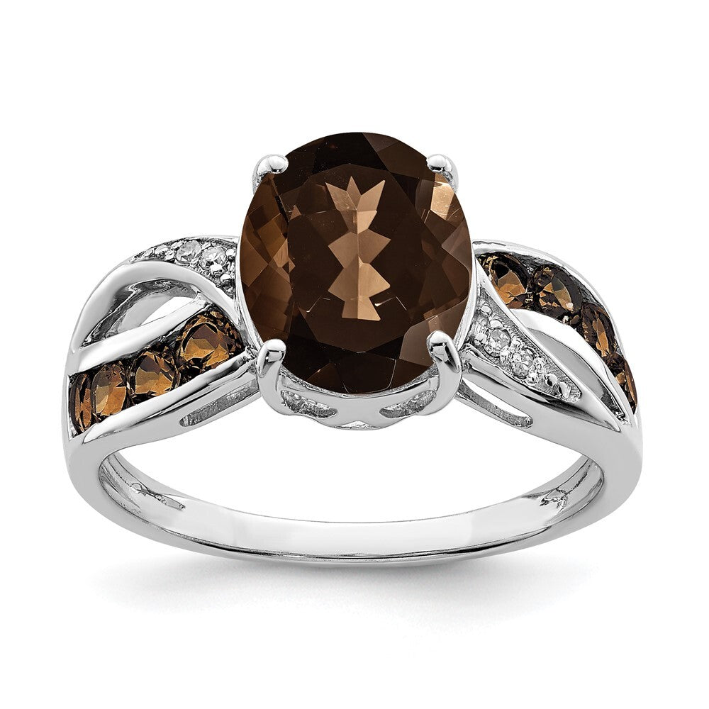 Sterling Silver Rhodium Diamond & Smoky Quartz Ring Size 7