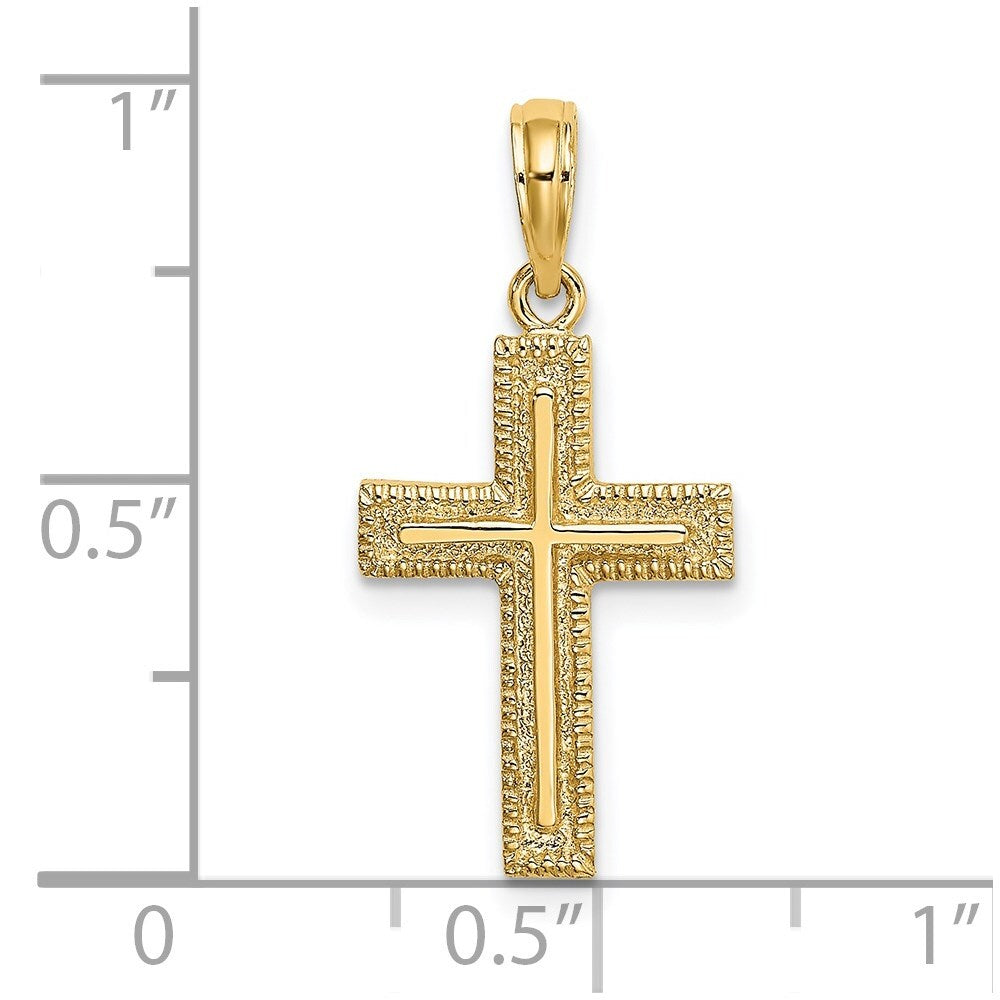 14k Yellow Gold Cross  Textured Border Design Charm Pendant for Women