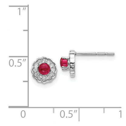 14k White Gold Diamond and Cabochon Ruby Stud Earrings Gift for Women