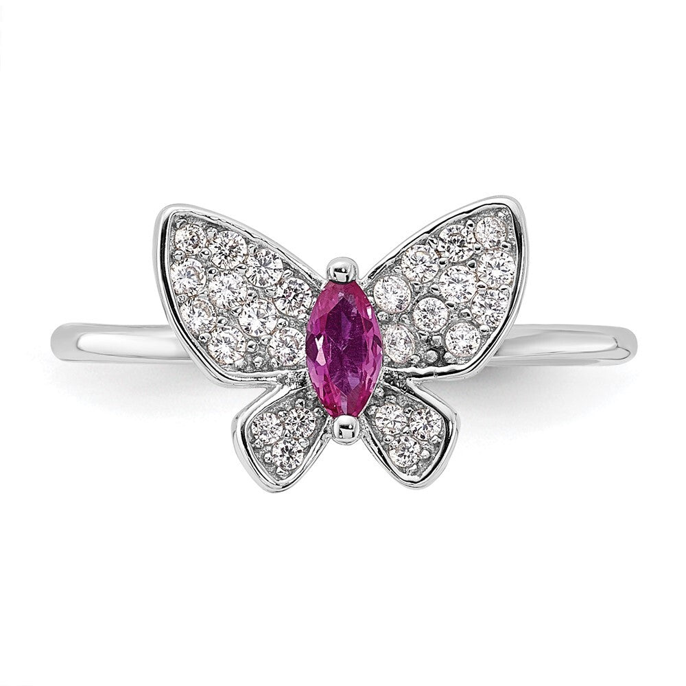 Sterling Silver Rhodium-plated Red and White CZ Butterfly Ring Size 7