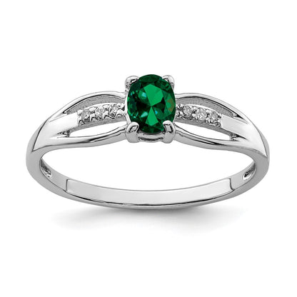 Sterling Silver Rhod-plated Diamond Created Emerald Ring Size 7