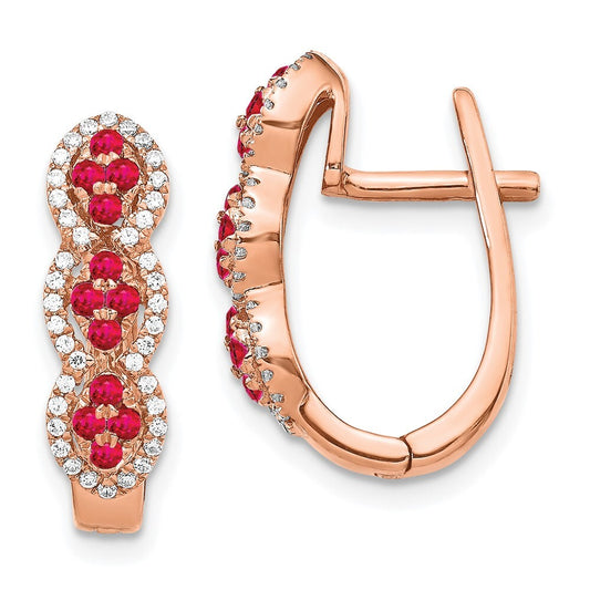 14k Rose Gold Diamond and Ruby Hinged Hoop Earrings