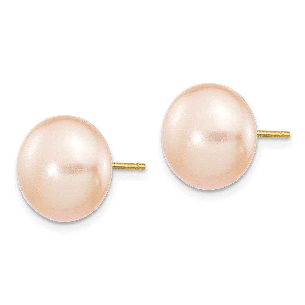 14k Yellow Gold 11-12mm Pink Button Freshwater Cultured Pearl Stud Earrings