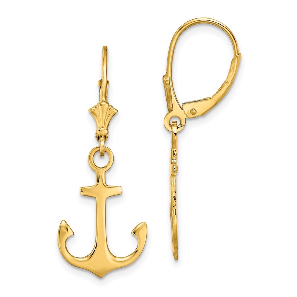 14k Yellow Gold 2-D Polished Anchor Drop Dangle Earrings
