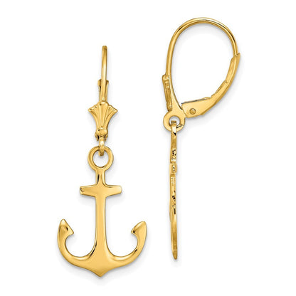 14k Yellow Gold 2-D Polished Anchor Drop Dangle Earrings